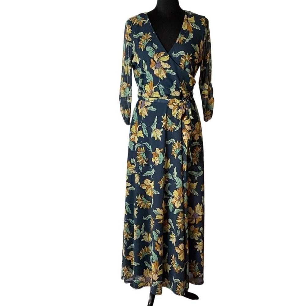 Harlow & Rose Petite Blue Floral Faux Wrap Maxi Dress PXL 3/4 Sleeve - Picture 2 of 9